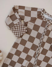 Load image into Gallery viewer, Latte Checkered Ribbed Zip Romper
