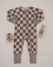 Load image into Gallery viewer, Latte Checkered Ribbed Zip Romper
