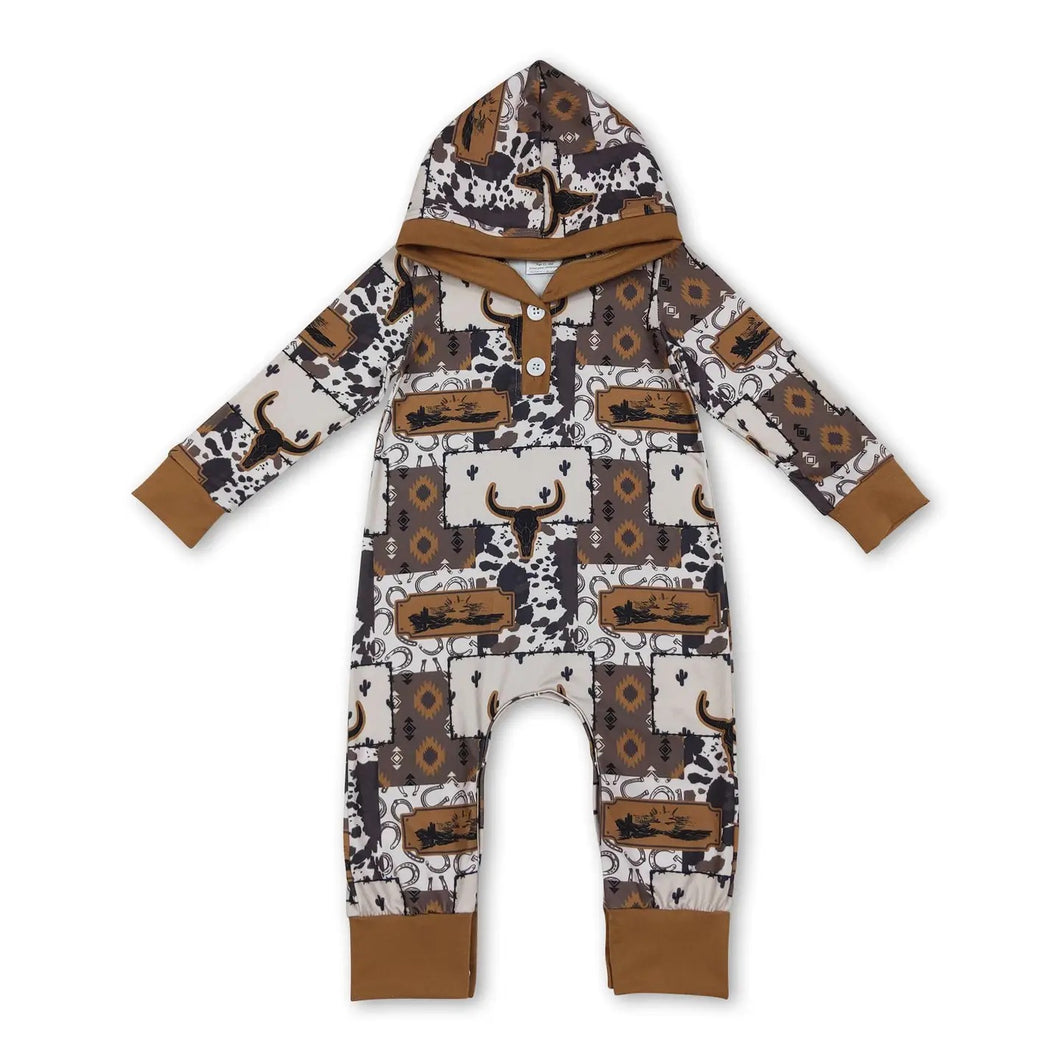 Long Sleeves Bull Skull Cow Western Hooded Romper